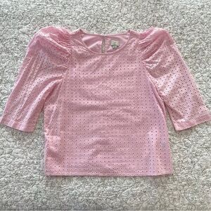 a new day Pink Eyelet Puff Sleeve 100% Cotton Blouse Feminine Barbiecore Lovely